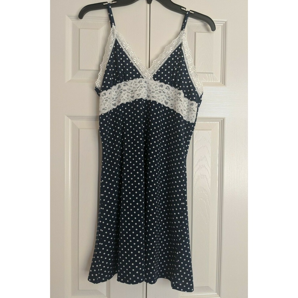 NEW Ekouaer Women's Sz L  Polka Dot Blue White  Spaghetti Strap Nightgown Lace